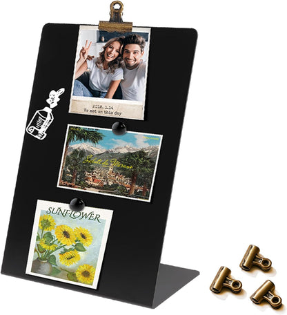 Magnetic Display Board - Desktop Metal Memo Board for Notes & Photos, 11x9.8 Inch Small Black Magnetic Bulletin Board, Includes Clips for Office, Room Decor (11 * 12.6inch, Count, 1)