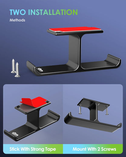 All Aluminum Headphone Stand Under Desk, Dual Headset Holder Hanger with Industrial-Strength Adhesive & Screw Mount, Gaming Desk Accessories, Under Table Earphone Hook for PC Headsets, Bags, Black