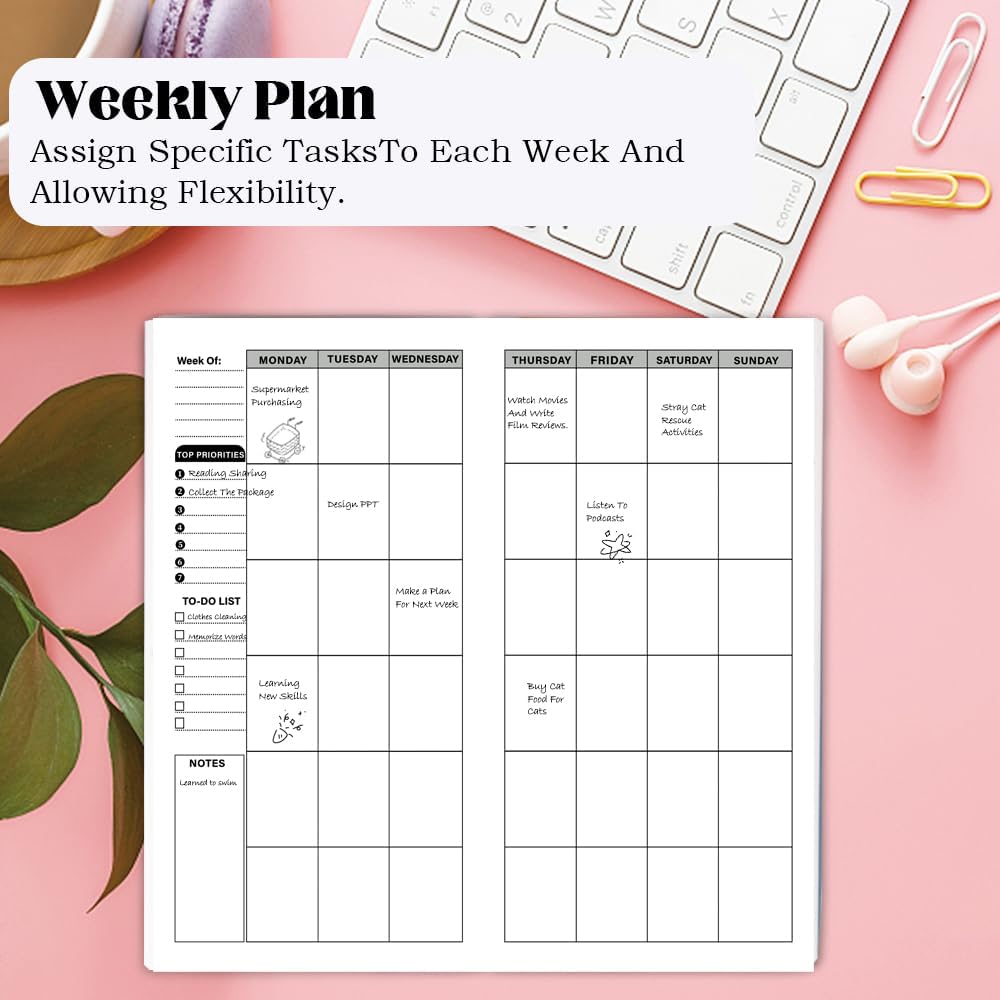 qianshan Travelers Notebook Inserts with PVC Sleeve,Undated Weekly Planner,Weekly To Do List Notepad,TN Journal,30 Sheets,8.5" x 4.7",Pocket Travelers Notebook for Journals,Diaries,Planners,Pink Cat