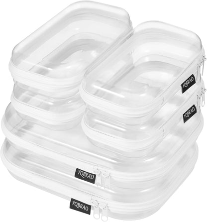 YQBRAO 6 Pack Clear Hard Shell Zipper Case, 1.2mm Heavy Duty Crush-Proof Diaper Bag Organizer Pouches, TSA Approved Travel Makeup Bag for Toiletries & Electronics, (2L, 2M, 2S) Multi-Size Storage Set