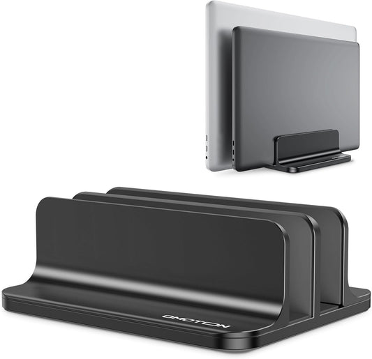 OMOTON Vertical Laptop Stand [Updated Double Version], Desktop Aluminum Mac Book Stand with Adjustable Dock Size, Fits All Mac Book, Surface, Chrome Book and Gaming Laptops (Up to 17.3 inch) (Black)
