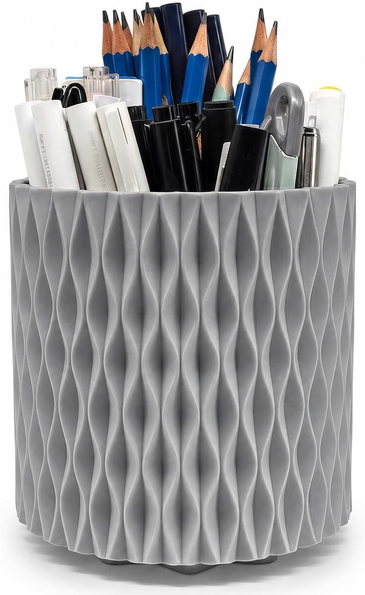 Lebenrich Rotating Pen Holder for Desk, 5 Slots Easthetic Pencil holder Desk Organizer Supplies and Accessories for Women Girls, Pencil Cup for Office Home Art Supply, White