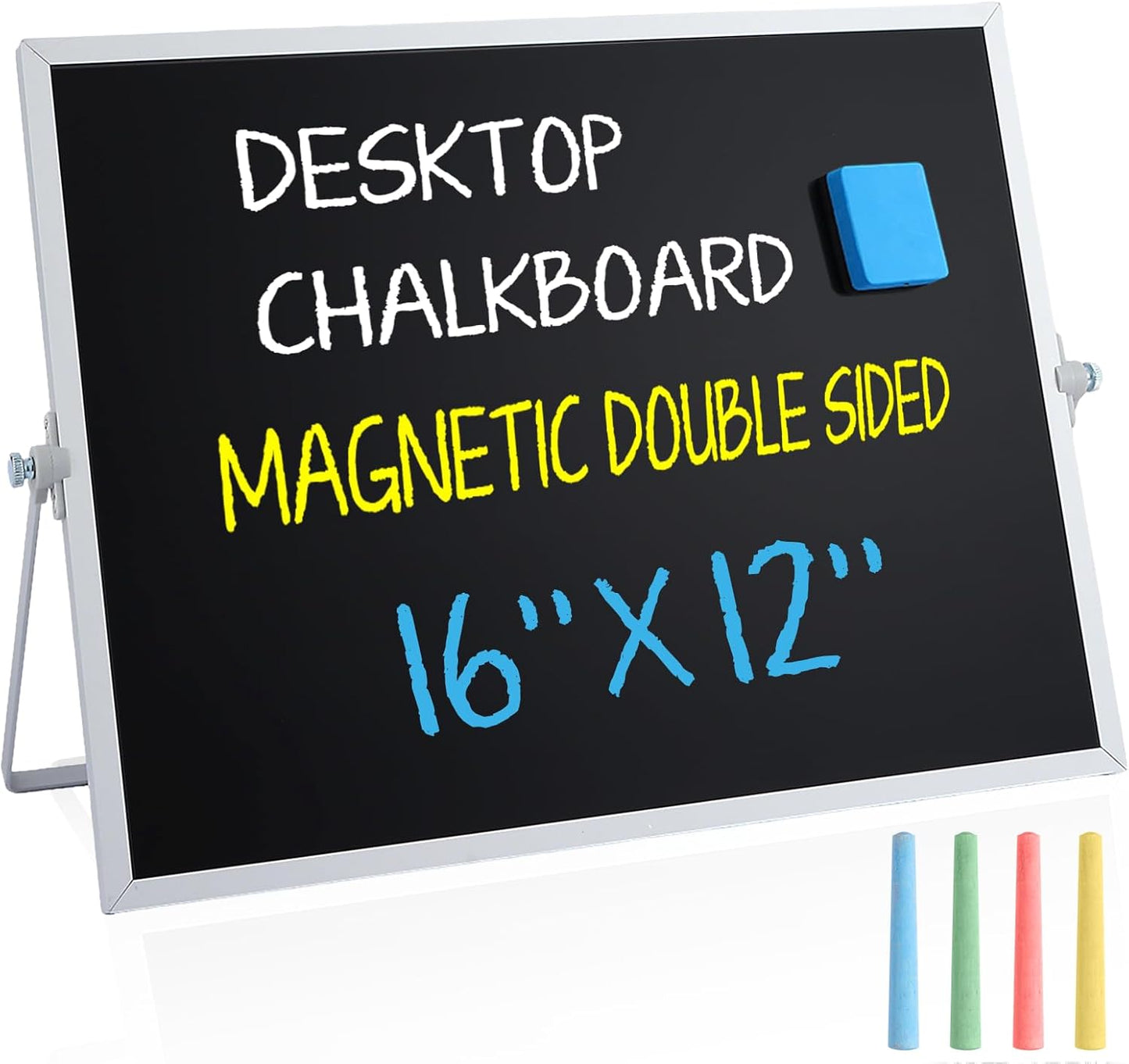 Small Magnetic Chalk Board Easel 10"X10", Double-Sided Tabletop & Wall Hanging Chalkboard with 4 Chalks & Eraser, Desktop Mini Black Board Sign for Office Desk Home Menu and School