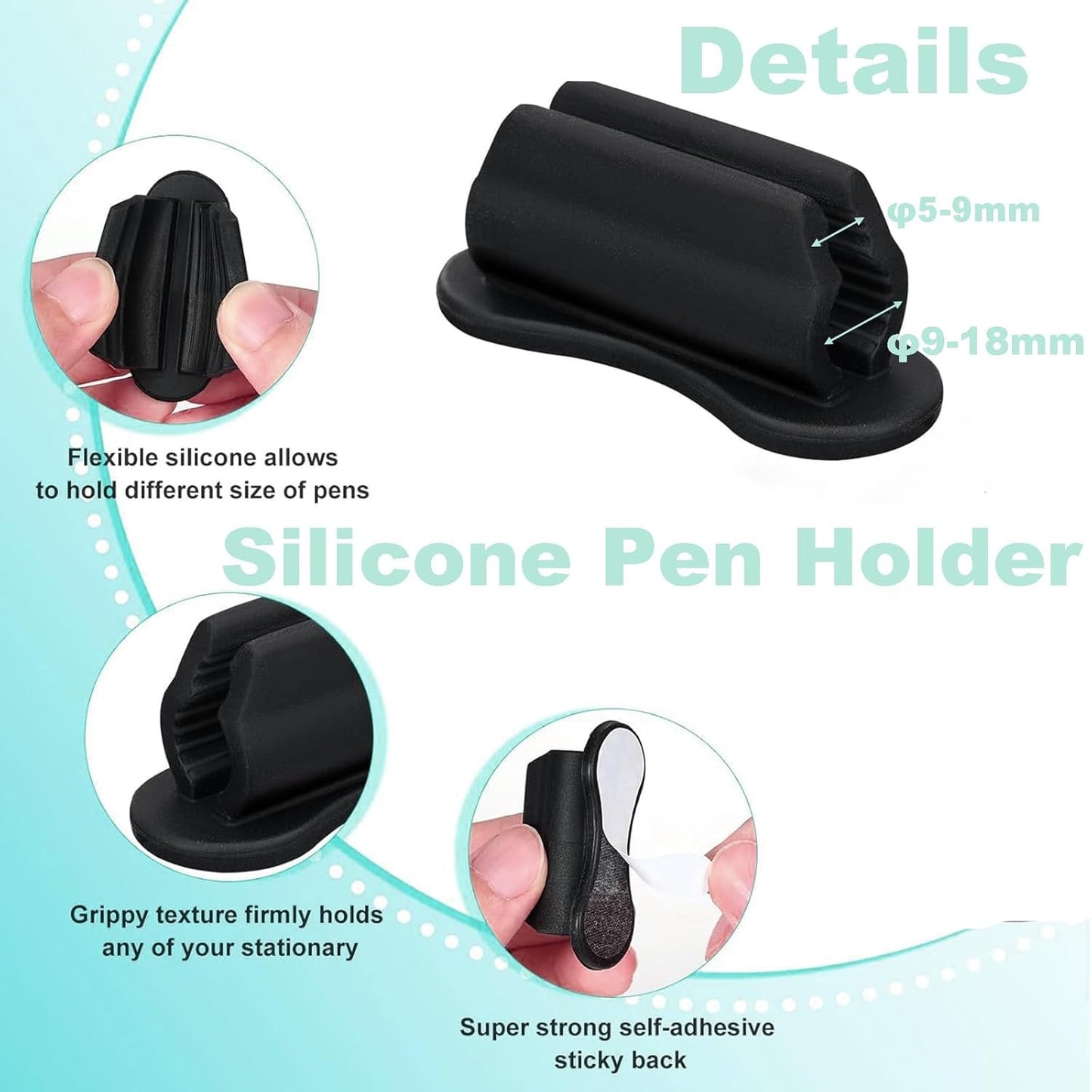 6 Pack Adhesive Pencil Holders for Desk, Silicone Pencil Holder for Classroom, Flexible Pen Holder for Clipboard Stylus Organizer Marker Holder for School Accessories, Teacher Office Supplies (Black)