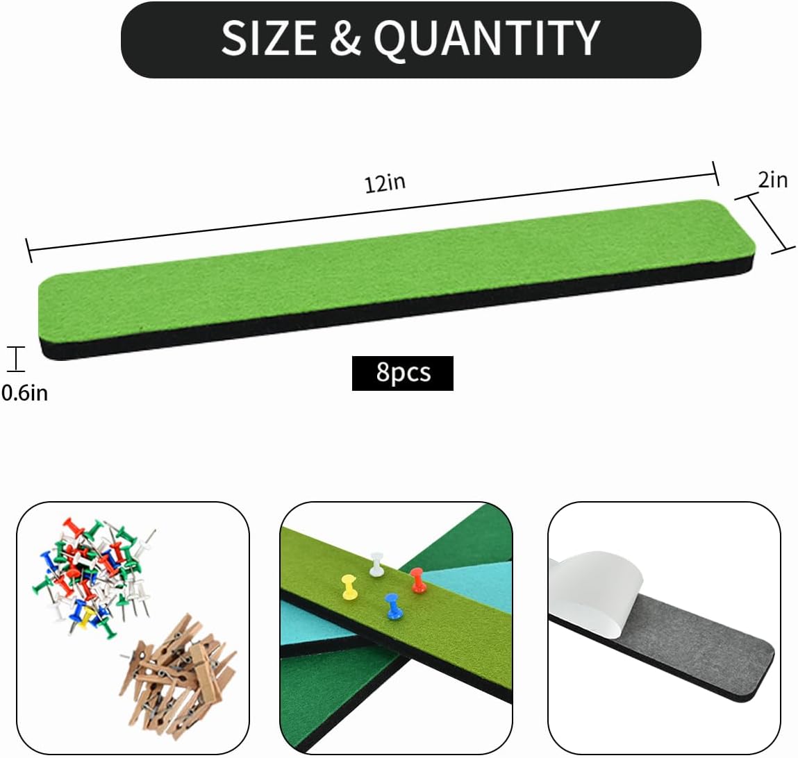 Vuzvuv 8 pcs Bulletin Board Bar Strips with 50 Pushpins & 10 Wooden Clip pins，Self Adhesive Cork Board for Wall，Felt Pin Board for School，Office Decor（Black White Grey）