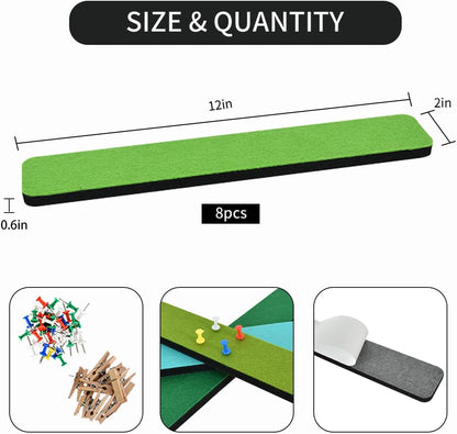 Vuzvuv 8 pcs Bulletin Board Bar Strips with 50 Pushpins & 10 Wooden Clip pins，Self Adhesive Cork Board for Wall，Felt Pin Board for School，Office Decor（Black White Grey）