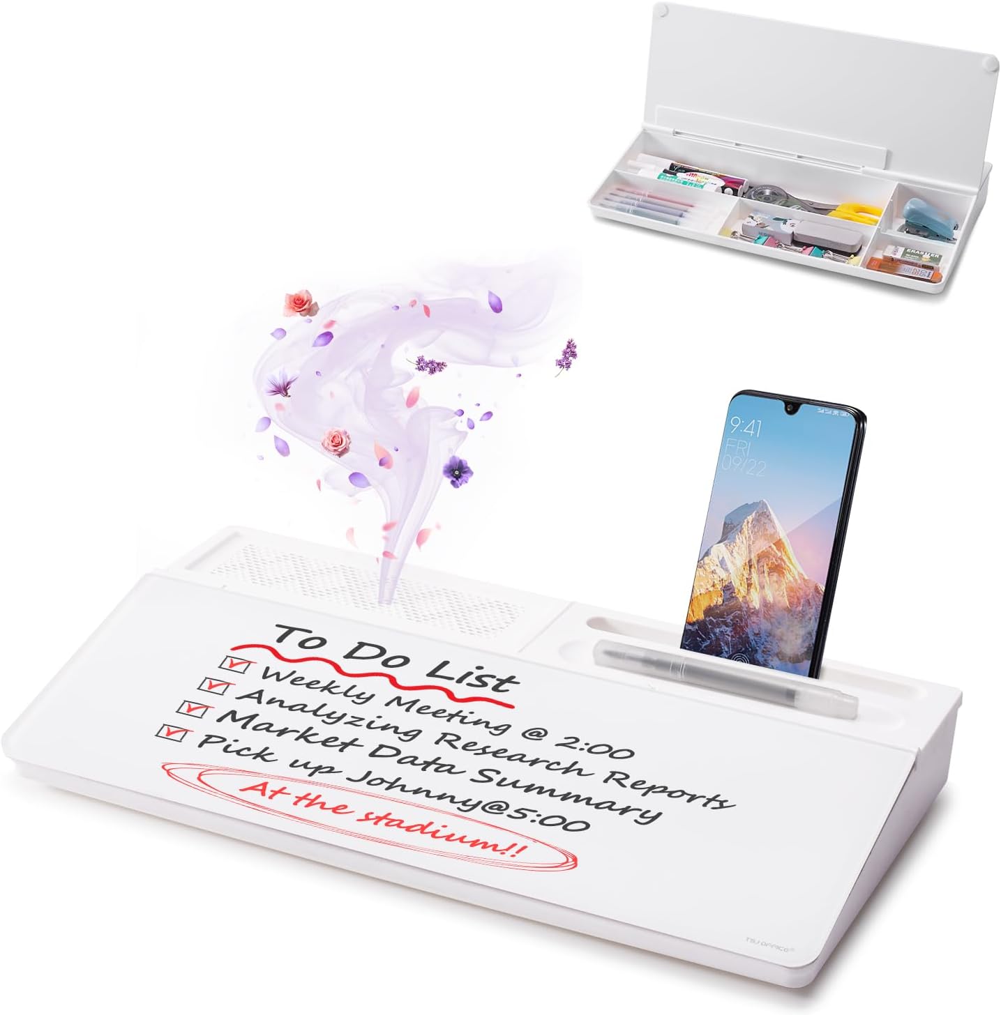 TSJ OFFICE Small Desktop Whiteboard -Glass Dry Erase Board Computer Keyboard Stand White Board Surface Pad with Drawer, Desk Organizers with Accessories for Office, Home, School Supplies - White