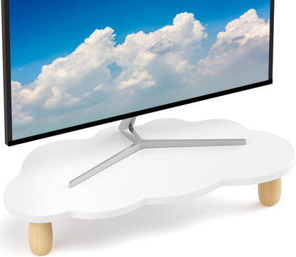 AFOOYO Monitor Stand Riser,Cloud-Shaped Sturdy Wood 16.5In Computer Monitor Riser Wirh Drawer, Multi-Purpose Desktop Organizer Riser for Computer,Laptop,Printer,TV,White