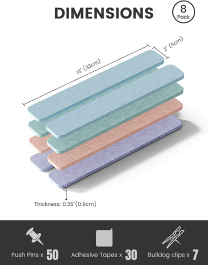 Fluxynara Cork Board Alternative Felt Strip Board 8-Pack 13"x2", Office Pin Board with 50 Push Pins, Adhesive Install for Bedroom Door & Home Office(Linen Dusk)