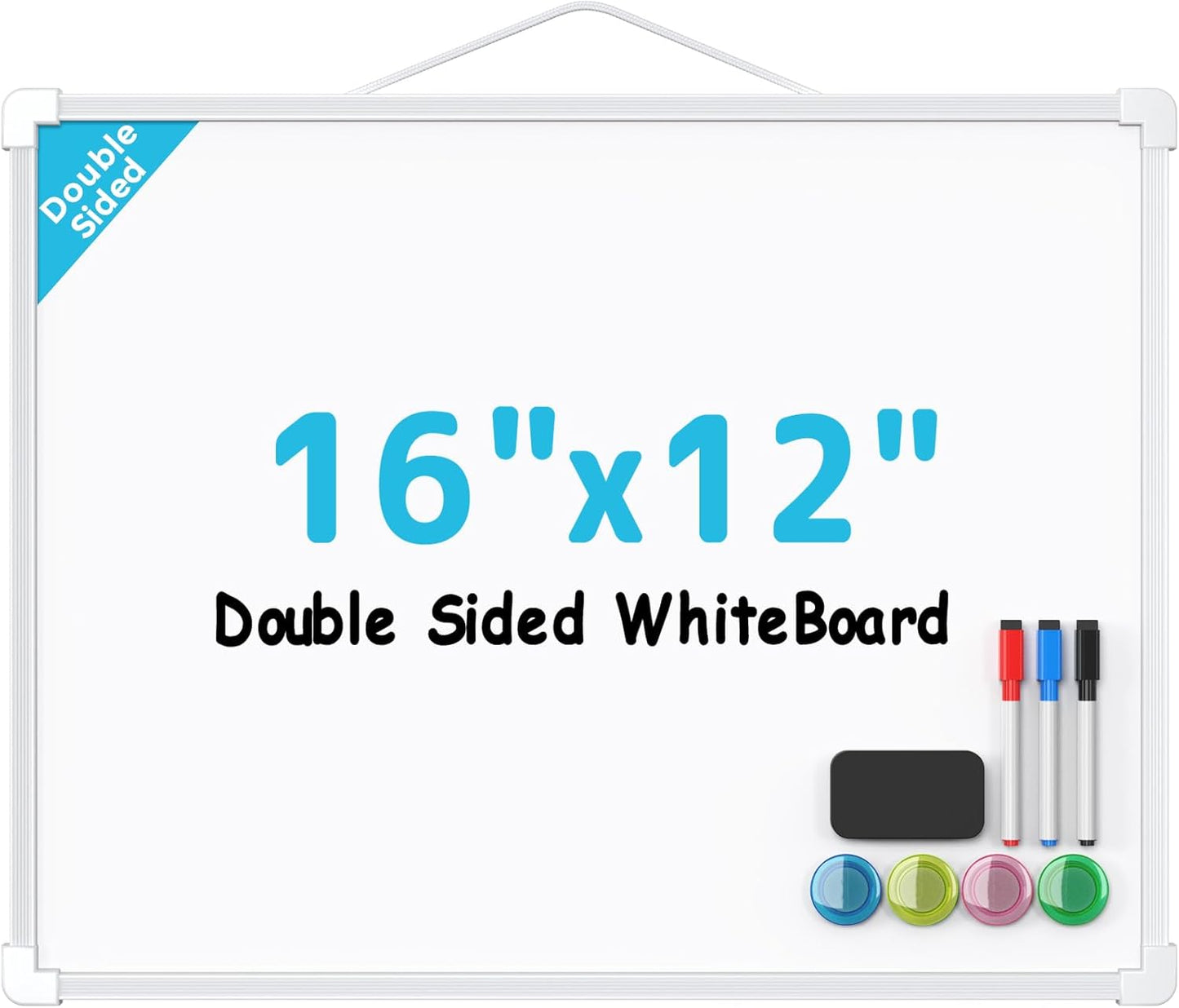 MaxGear Double-Sided Dry Erase Board for Wall, 16"x12" Hanging Whiteboard, Small Dry Erase White Board with 3 Markers and 4 Magnets, Portable Whiteboard for Planning, Drawing, Memo, to Do List