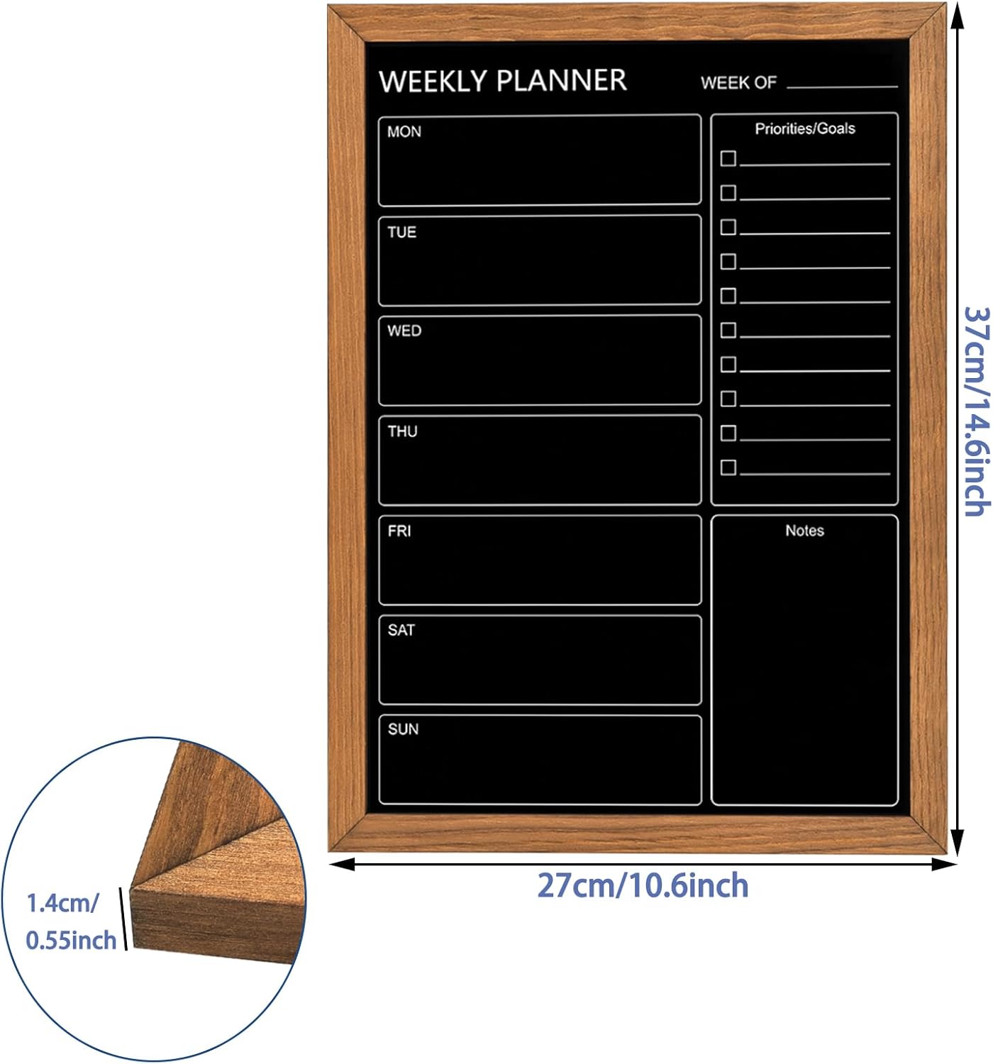 Calendar Weekly Chalkboard, 10.6" * 14.6", Magnetic Surface Rustic Brown Solid Pine Wood Frame Black Board for Office, School and Home(ZLHB-QZ-2737)