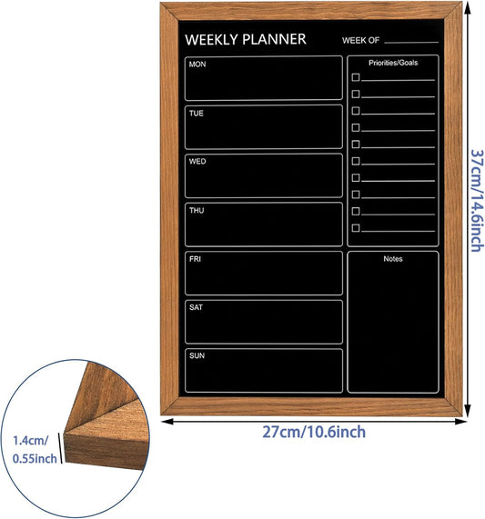 Calendar Weekly Chalkboard, 10.6" * 14.6", Magnetic Surface Rustic Brown Solid Pine Wood Frame Black Board for Office, School and Home(ZLHB-QZ-2737)