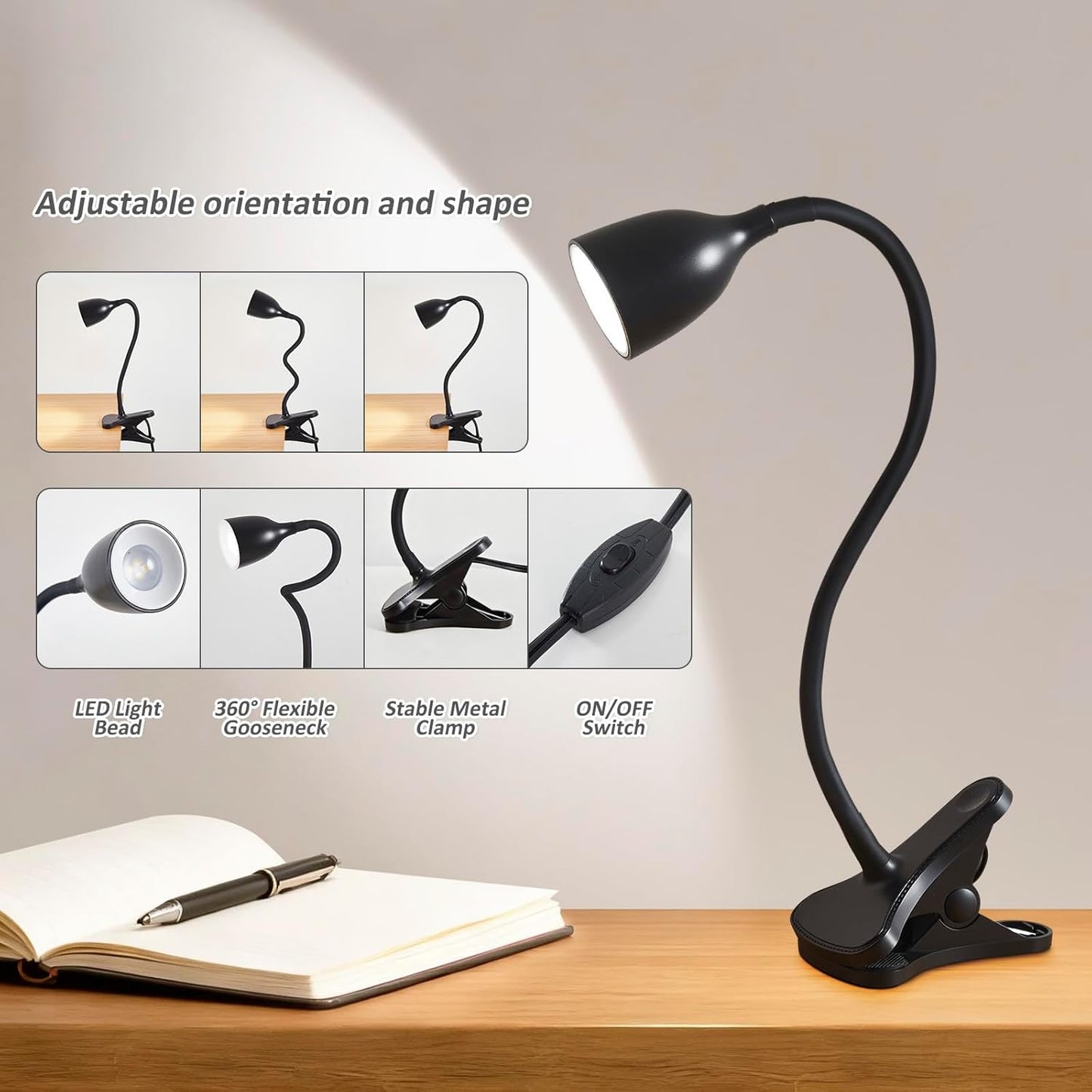 EJIAXIN Desk Lamp for Home Office - Clip on Reading Light and Bed Headboard Clamp Lamp, Bedside Gooseneck Table Lamp, Clip on Desk Lamps, Eye-Caring Desk Lamp for College Dorm Room Study Lamp, White