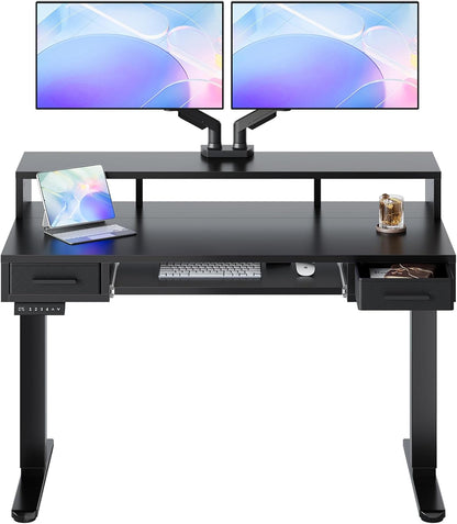 HUANUO 55″ x 26″ Electric Standing Desk with 2 Drawers &24.4″ Large Keyboard Tray, C-Clamp Mount Compatible, Adjustable Computer Desk for Office, Sit Stand Up Desk with 4 Height Presets, Light Walnut