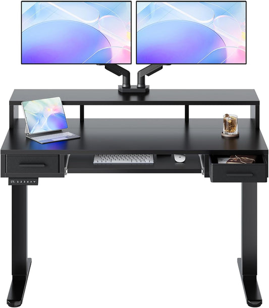 HUANUO 55″ x 26″ Electric Standing Desk with 2 Drawers &24.4″ Large Keyboard Tray, C-Clamp Mount Compatible, Adjustable Computer Desk for Office, Sit Stand Up Desk with 4 Height Presets, Light Walnut