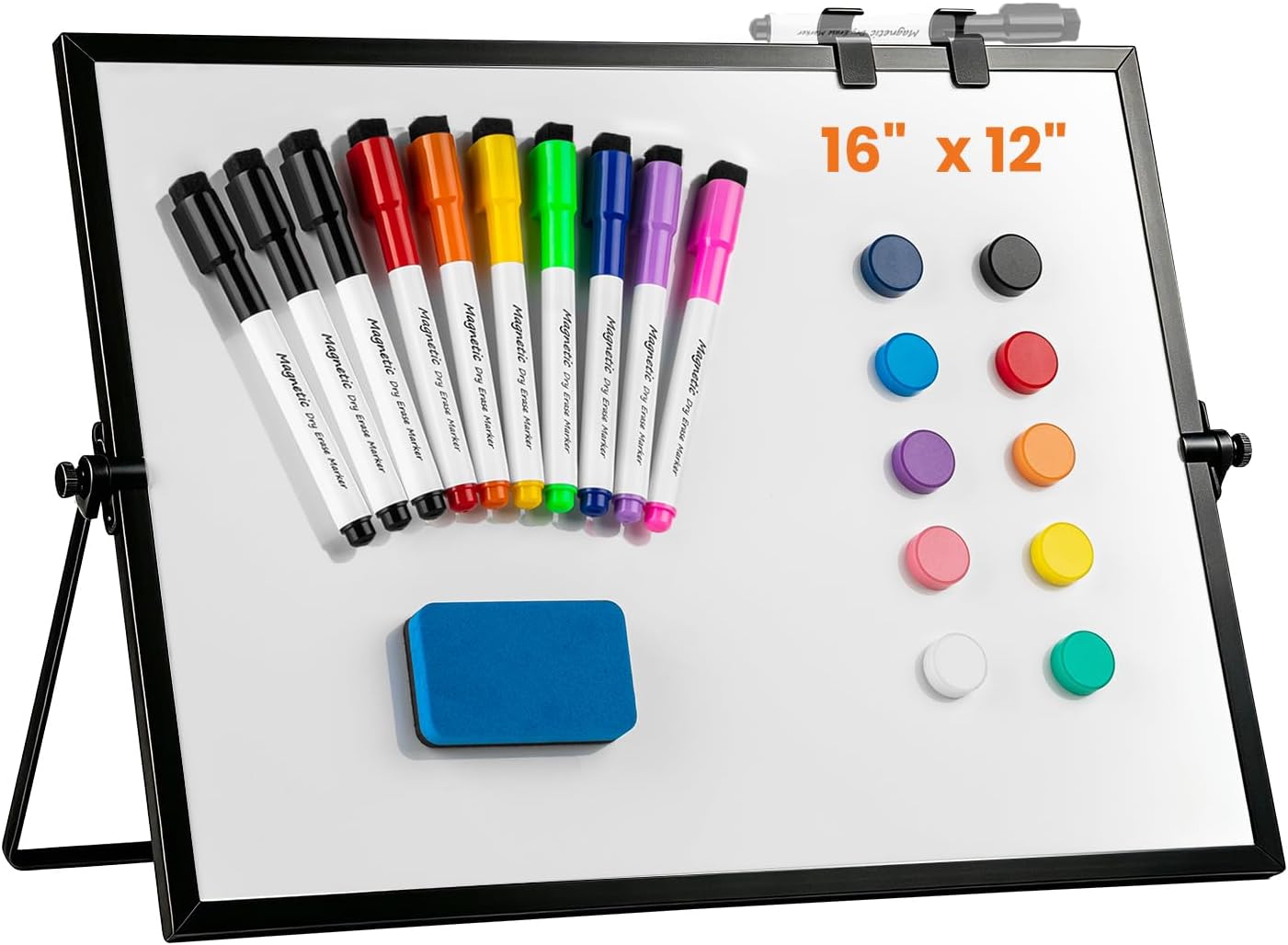 Dry Erase White Board, Aisuoker 16 x 12inch Magnetic Desktop Whiteboard with Stand,10 Markers, 10 Magnets and 1 Eraser, Portable Double-Sided White Board for Kid Drawing Memo to Do and List Wall-White