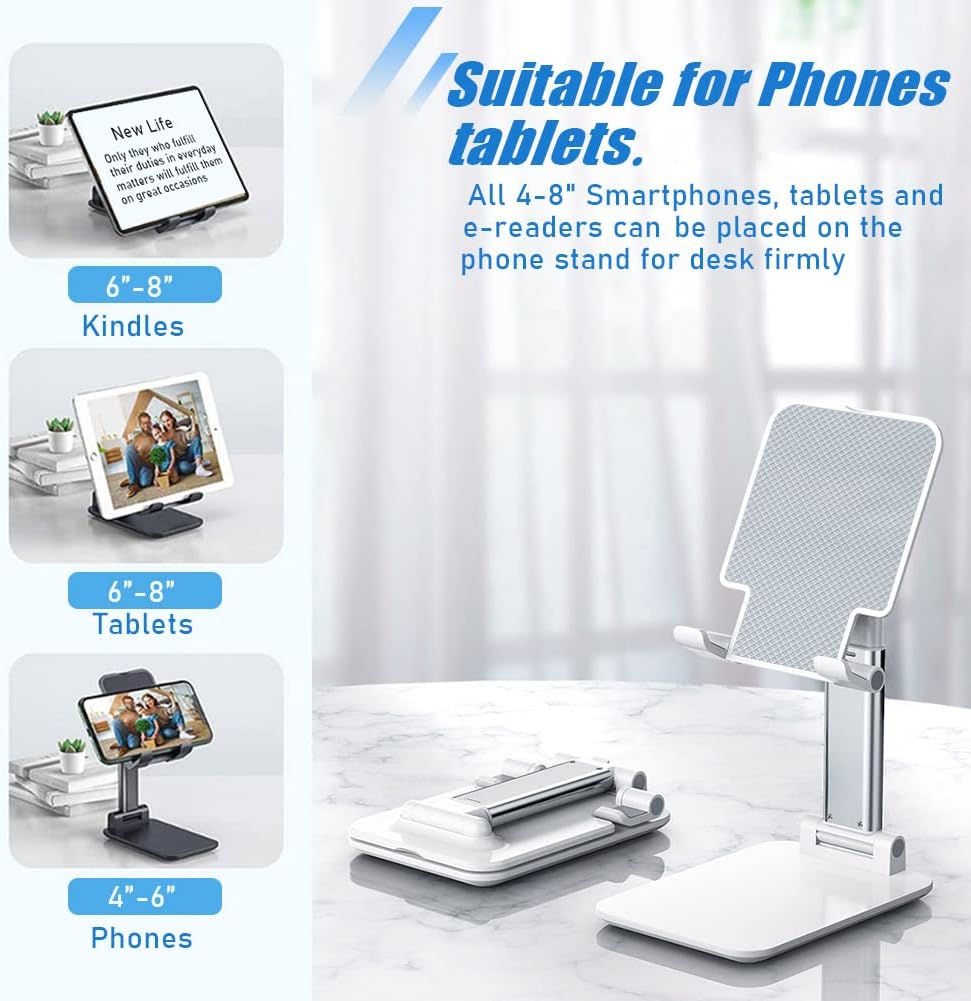 Phone Stand, PhoneHolder for Desk Anti-Slip Cute OfficeAccessories Forldable Cell PhoneHolder Compatible with iPhones, AllMobile Phones, White-Silver, Pro