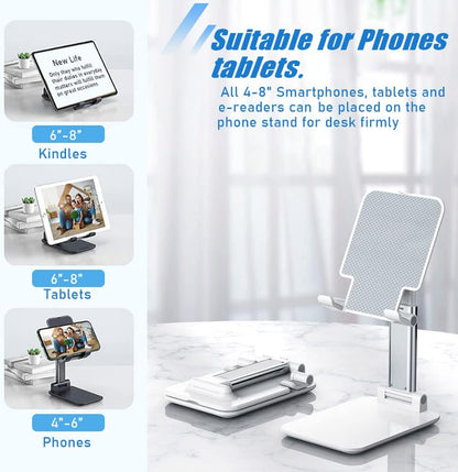 Phone Stand, PhoneHolder for Desk Anti-Slip Cute OfficeAccessories Forldable Cell PhoneHolder Compatible with iPhones, AllMobile Phones, White-Silver, Pro