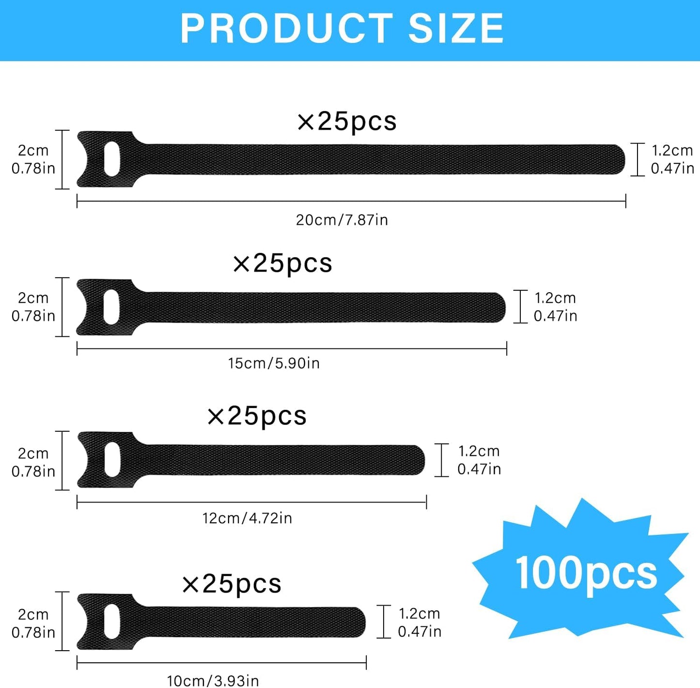 40pcs Reusable Cable Ties - 4 Sizes (6/8/10/12 Inch) - Hook and Loop Cinch Straps for Wire Management - Heavy Duty Cord Organizer & Wire Ties for Electronics, PC, Home & Office