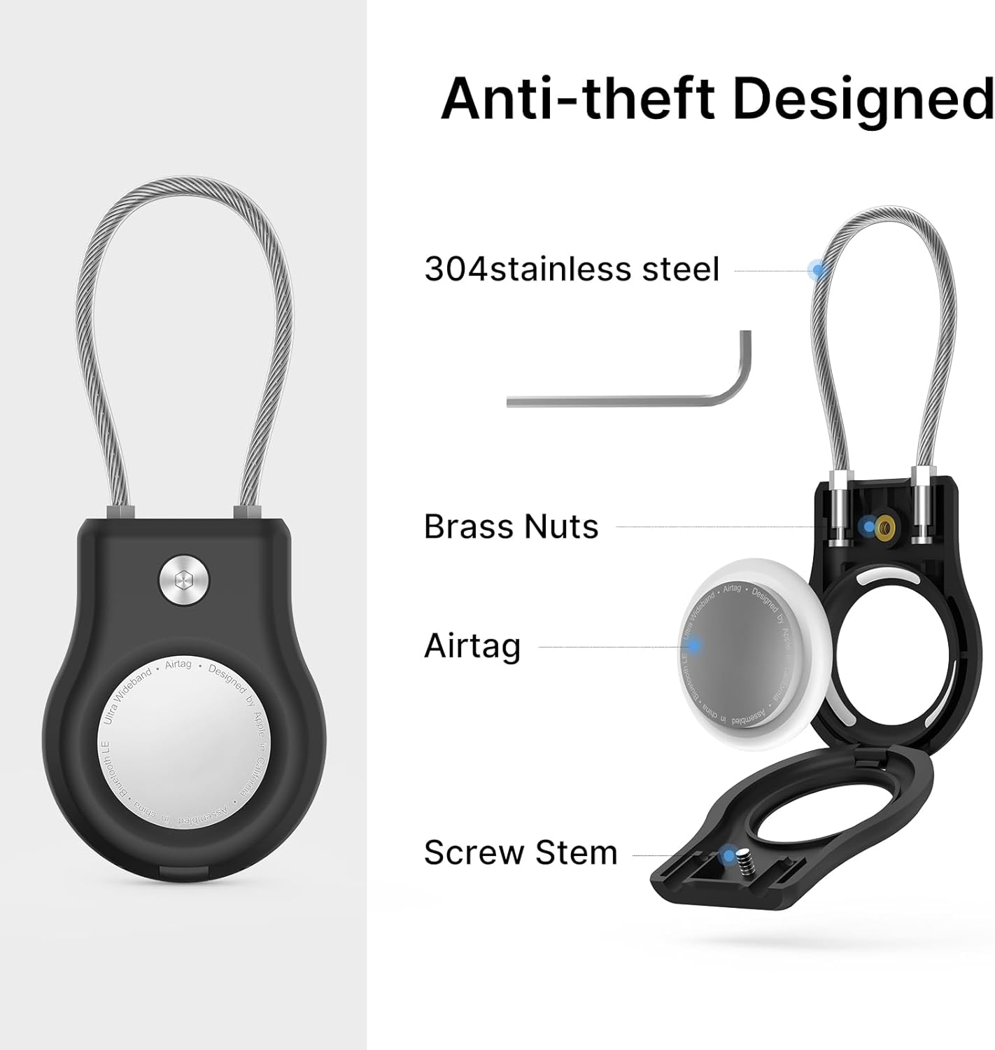Air Tag Holder - (4 Pack) Air tag Lock Keychain with Wire Cable Compatible with Apple AirTag,Ultra Durable Anti-Lost Protective Case with Keyring for Luggage, Key, Backpack, Pet, Bag, Black
