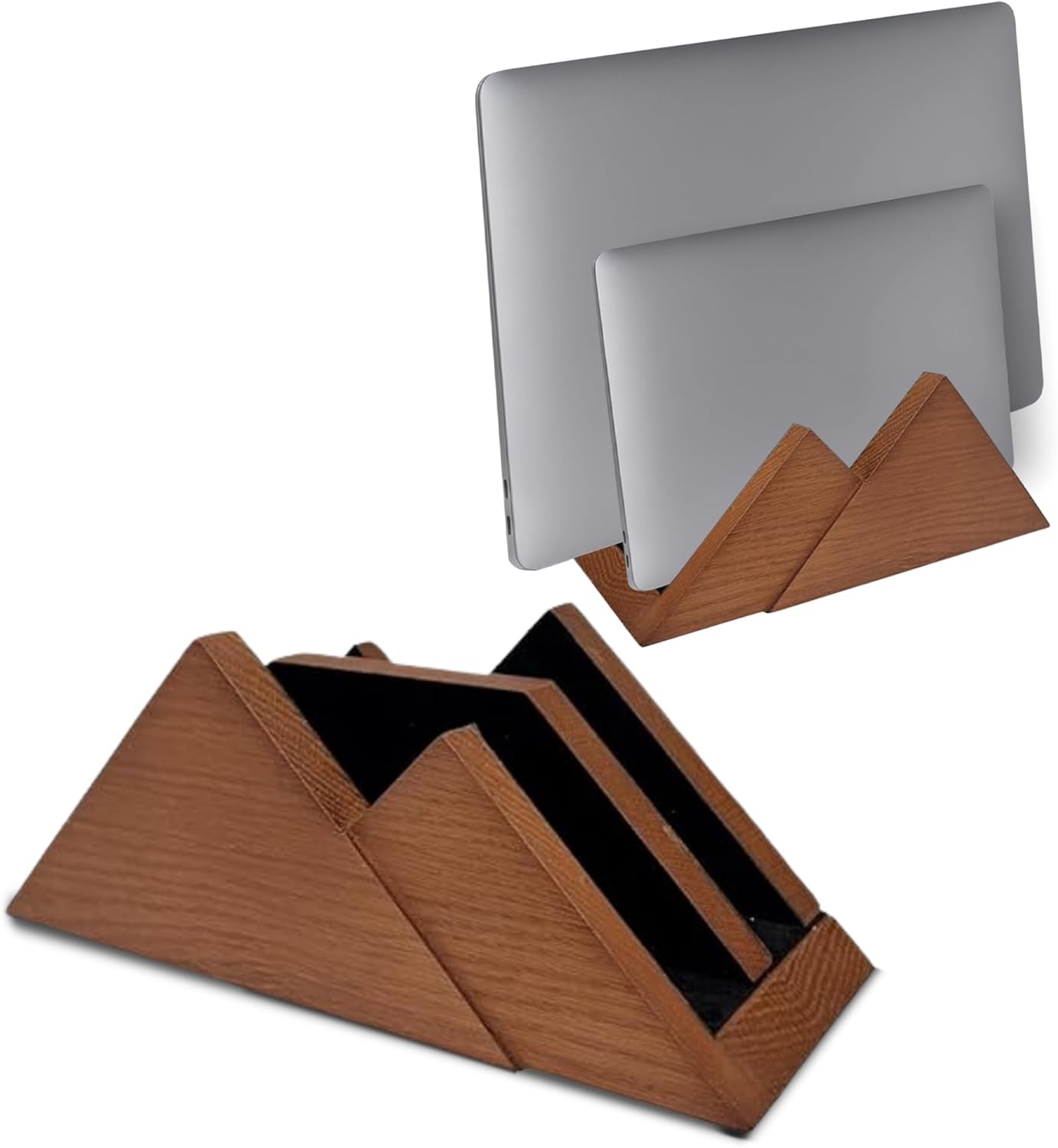 Dual Laptop Holder Vertical Stand 2 Slots Wooden - Dark Brown (Walnut Color) - Vertical Holder for Desk, MacBook Pro & Air, Desktop Organizer Made of Natural Wood, Adjustable Stand for Notebooks