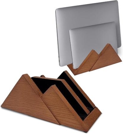 Dual Laptop Holder Vertical Stand 2 Slots Wooden - Dark Brown (Walnut Color) - Vertical Holder for Desk, MacBook Pro & Air, Desktop Organizer Made of Natural Wood, Adjustable Stand for Notebooks
