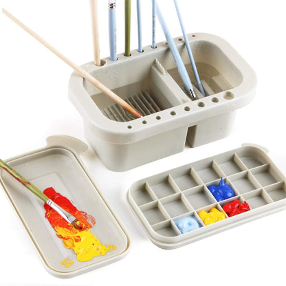 Multi-Use Paint Brush Basin with Brushes Holder, Washer, Trays, Palette Box - Artist Cleaner Cup for Watercolor Oil Acrylic Gouache Painting with Lid