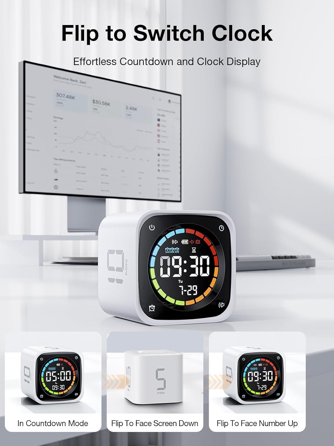 Ticktime TK3 Pomodoro Timer Cube, Productivity Timer, 5/10/30/60 Min Presets, Custom Countdown, Stopwatch & Clock, Triple Alarms, Silent/Vibration/Sound Alerts, Rechargeable for ADHD Study Task, Black