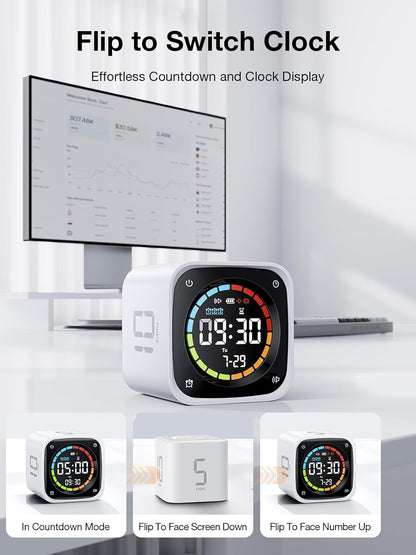 Ticktime TK3 Pomodoro Timer Cube, Productivity Timer, 5/10/30/60 Min Presets, Custom Countdown, Stopwatch & Clock, Triple Alarms, Silent/Vibration/Sound Alerts, Rechargeable for ADHD Study Task, Black