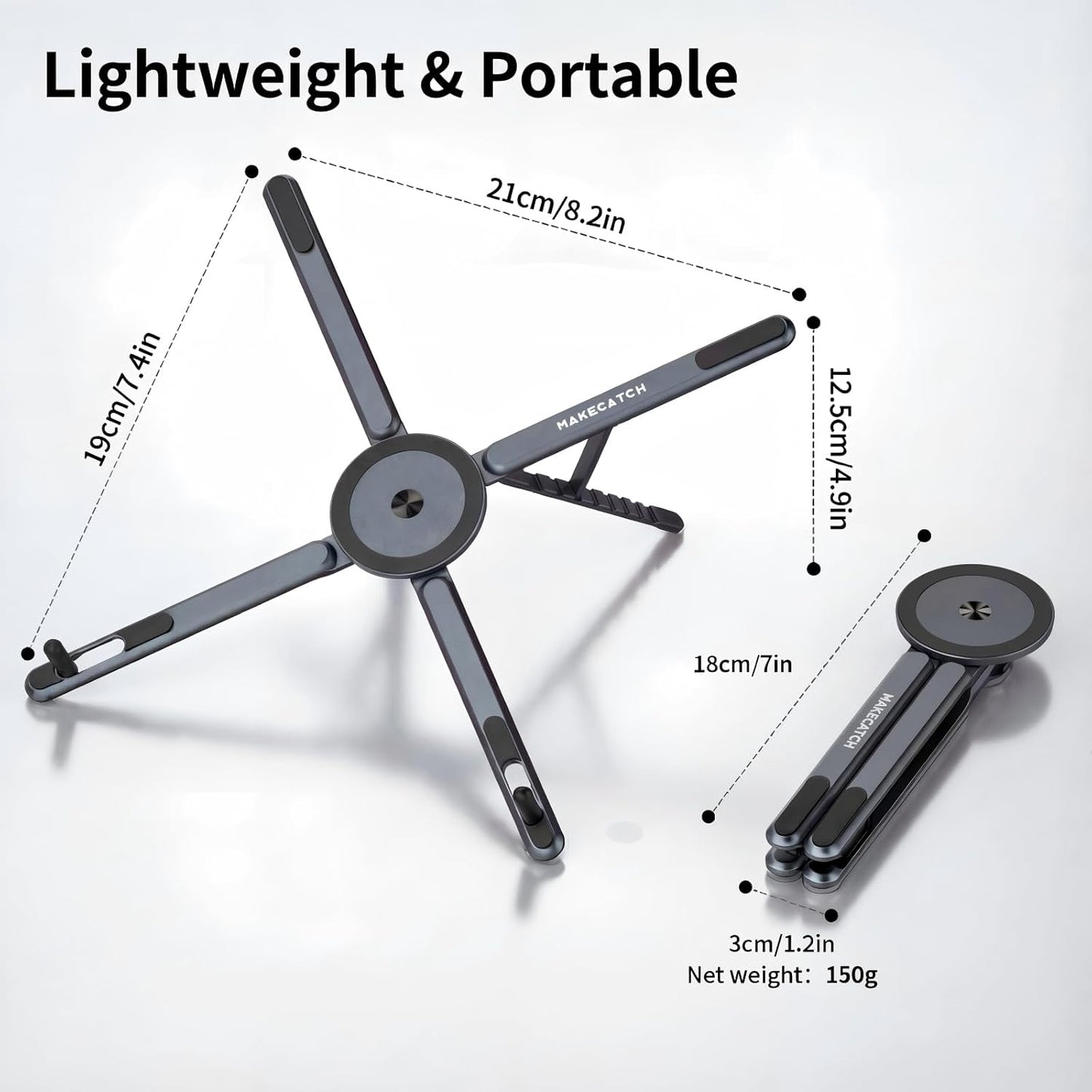 Portable Laptop Stand for Desk, 3-in-1 Adjustable Holder for MacBook, 8-Level Height & Angle, Aluminum Alloy Desktop Stand, Compatible with 4-13” iPhone, 10-16” Laptops & Tablets(Gray)