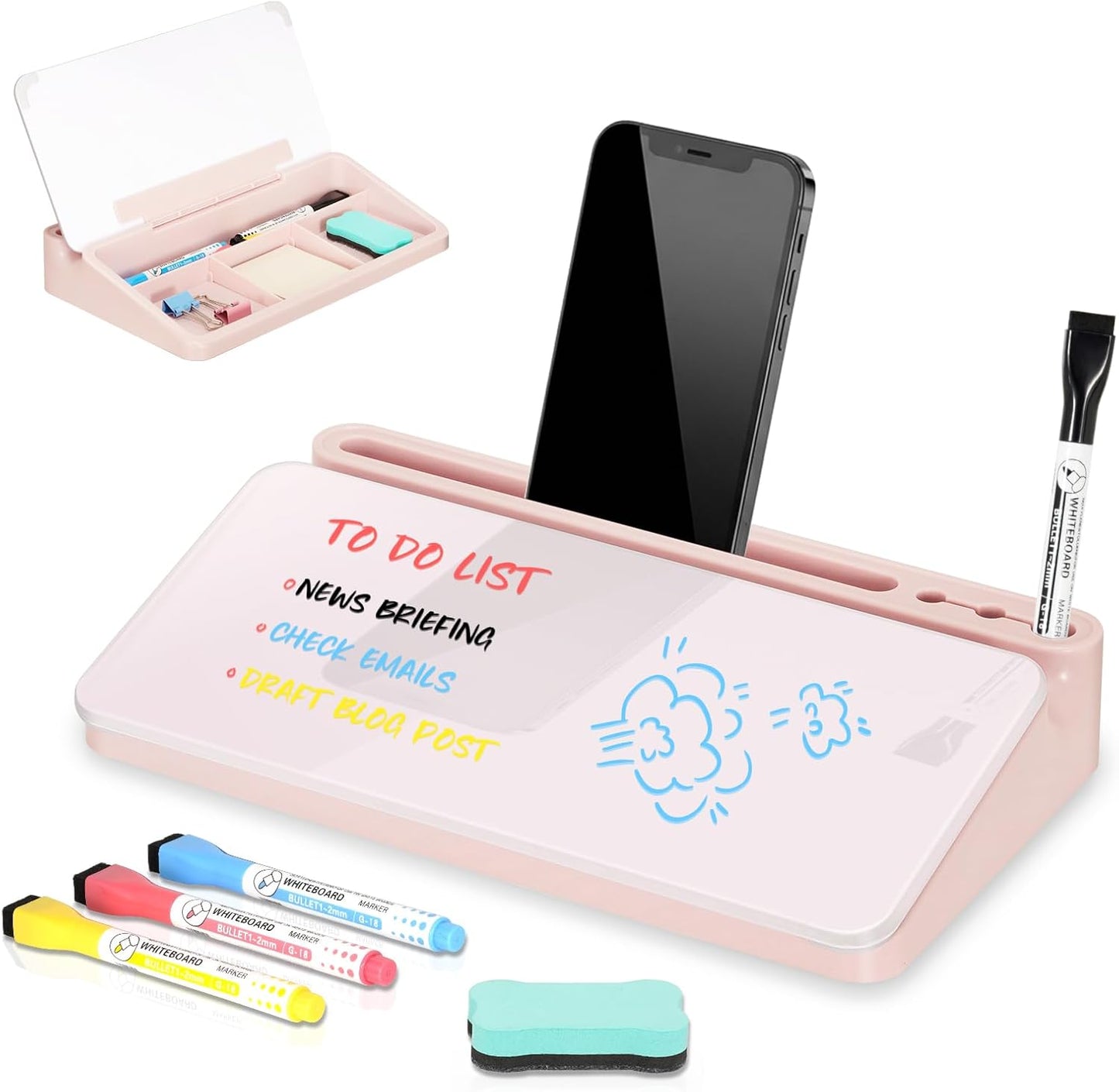 DOLLAR BOSS Glass Desk Whiteboard Calendar Small Dry Erase Board Desktop White Board with Storage Drawer Computer Keyboard Stand Desk Organizer, Colorful Weekly Calendar, Black