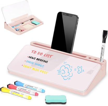 DOLLAR BOSS Glass Desk Whiteboard Calendar Small Dry Erase Board Desktop White Board with Storage Drawer Computer Keyboard Stand Desk Organizer, Colorful Weekly Calendar, Black