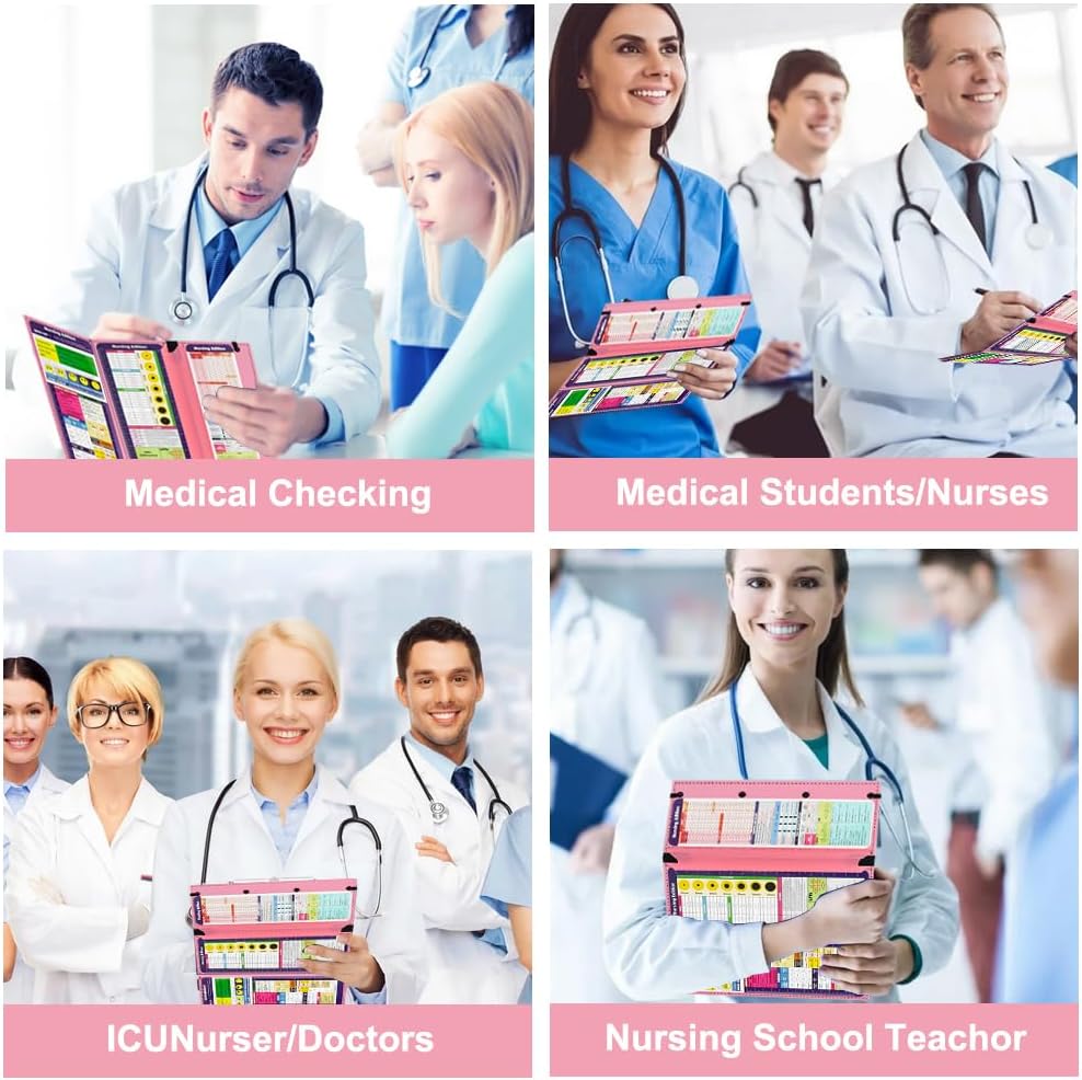Vuzvuv Nursing Foldable Plastic Clipboard 3 Layers with Medical Edition Cheat Sheets, Pink Pocket Foldable Nurse Clip Boards Notepad for Students,Doctors and Medical Staff