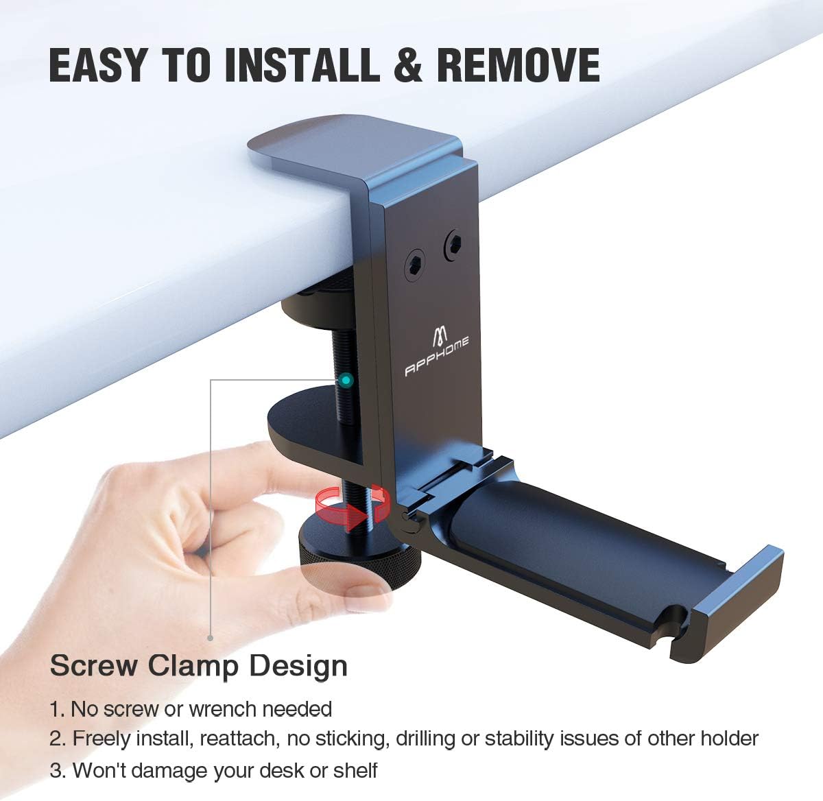 Foldable Headphone Stand Under Desk, Metal Headset Holder Hook for Desk with Cable Organizer, Space-Saving Desk Bag Hook & Backpack Hanger for Gaming Office, Universal Fit, Black