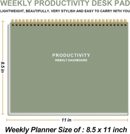 Weekly Productivity Dashboard - 8.5" x 11" Dashboard Desk Notepad Has 6 Focus Areas to List Tasks for Goals, Projects, Clients, Academic or Meal-Organize Your Daily Work Efficiently, 54 Weeks, Green