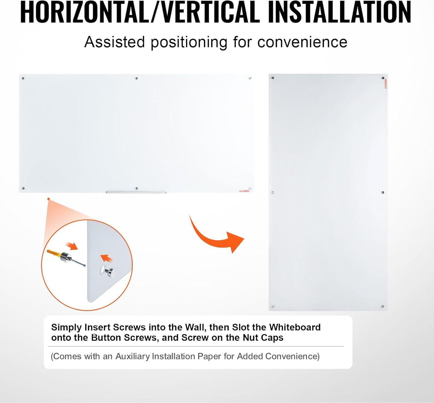 VEVOR Magnetic Glass Whiteboard, Dry Erase Board 36"x24", Wall-Mounted Large White Glassboard Frameless, with Marker Tray, an Eraser and 2 Markers, Black