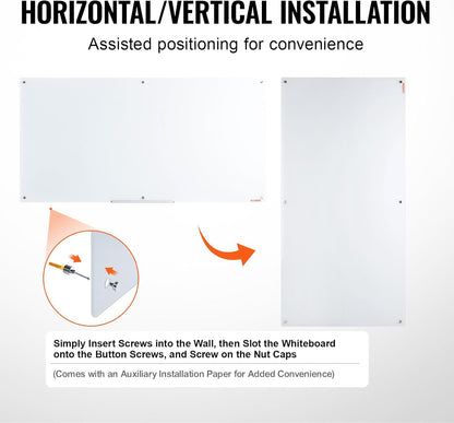 VEVOR Magnetic Glass Whiteboard, Dry Erase Board 36"x24", Wall-Mounted Large White Glassboard Frameless, with Marker Tray, an Eraser and 2 Markers, Black