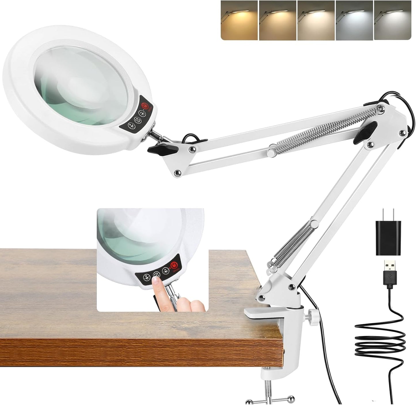 Coyeth 10X Magnifying Glass with Light and Clamp, Real Glass Stand Lighted Magnifier, 5 Color Modes Stepless Dimmable LED Desk Lamp Hands Free for Crafts Hobby Reading Painting Sewing Close Work