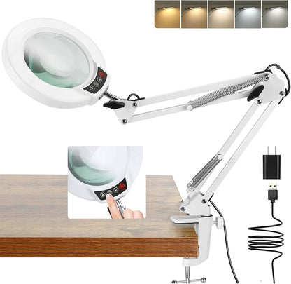 Coyeth 10X Magnifying Glass with Light and Clamp, Real Glass Stand Lighted Magnifier, 5 Color Modes Stepless Dimmable LED Desk Lamp Hands Free for Crafts Hobby Reading Painting Sewing Close Work