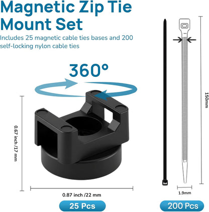 225 Pieces Magnetic Cable Ties Set, 25 Magnetic Zip Tie Mounts with 200 Cable Ties, Strong Wire Holder Cables Management, Multipurpose Electrical Cord Holders Organizer (22mm)