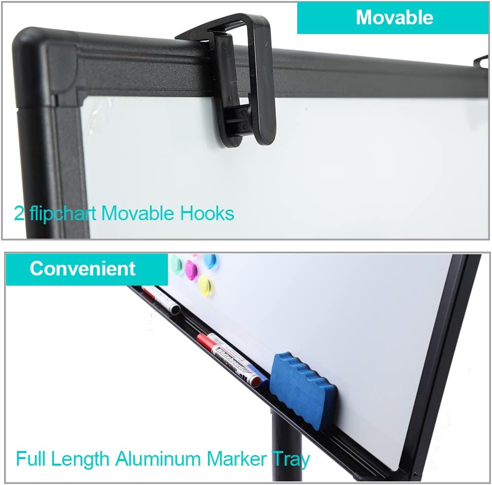 Black Mobile Whiteboard on Wheels 36 x 24 Inch-Rolling Magnetic Dry Erase Easel Board with Flipchart Paper Pad-Height Adjustable Standing Board for Meetings, Classes, Training, Workshops
