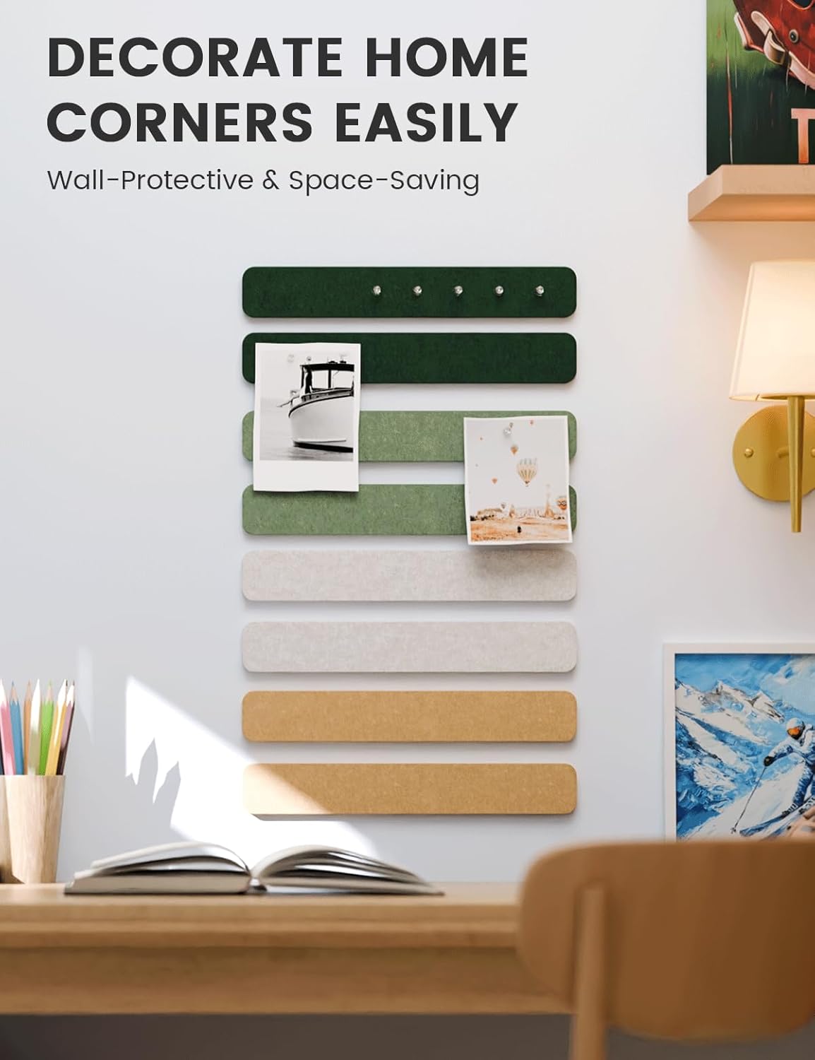 Fluxynara Cork Board Alternative Felt Strip Board 8-Pack 13"x2", Office Pin Board with 50 Push Pins, Adhesive Install for Bedroom Door & Home Office(Linen Dusk)