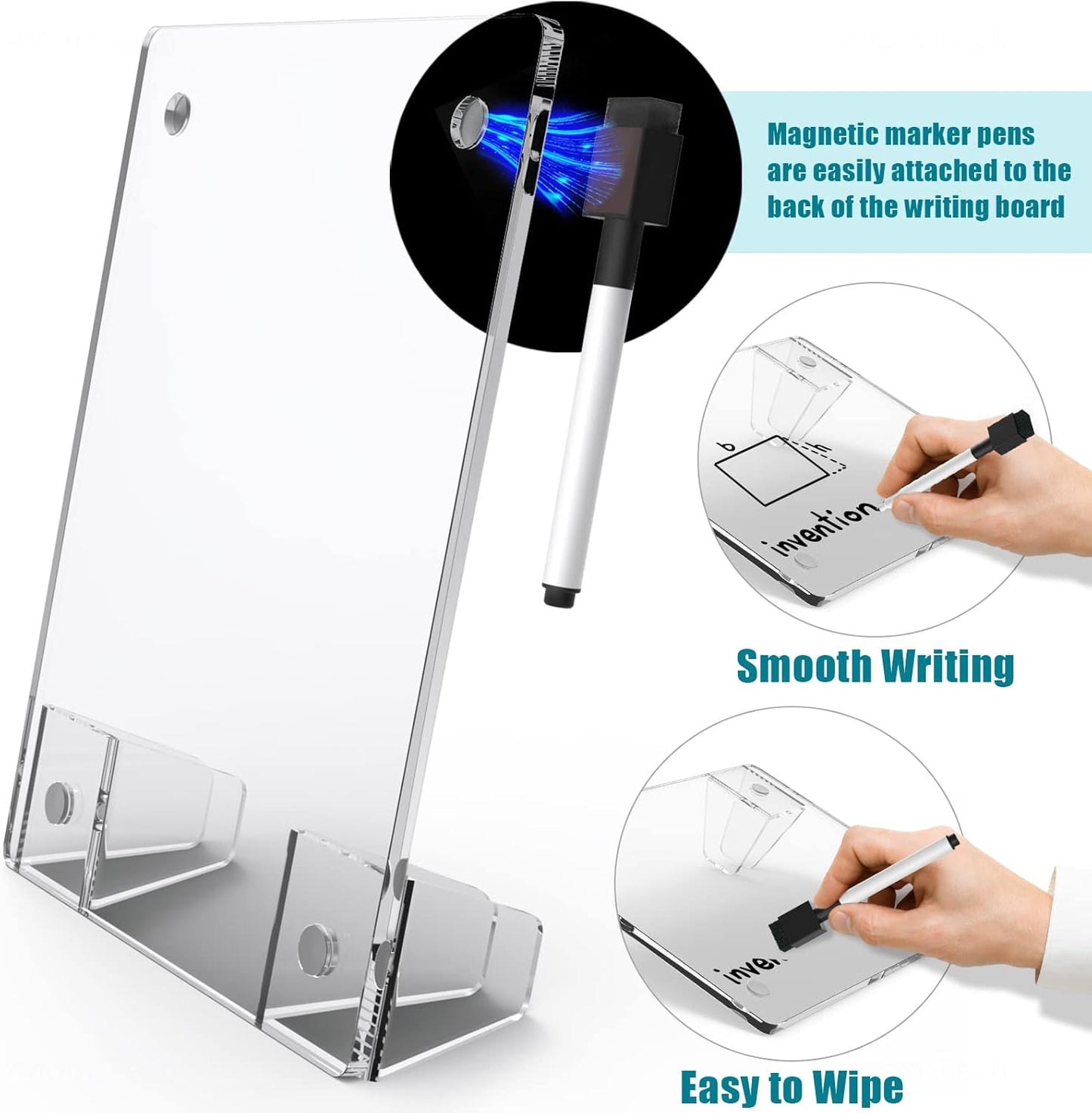 Clear Acrylic White Board 8x6 Inches, Frameless Desktop Dry Erase Board with Flexible Magnetic Stand and Markers, Mini Whiteboard Desk Accessories for Women, Home, Office, School