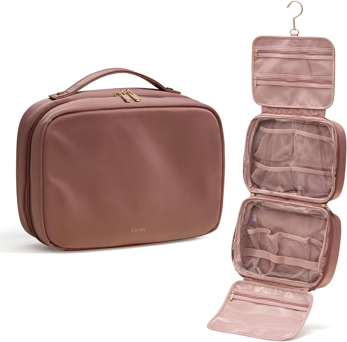 EACHY Toiletry Bag with Hanging Hook, Travel Makeup Bag PU Leather Cosmetic Bags for Women Make Up Organizer with 4 Compartments Waterproof Full-Size Portable Travel Essentials (Beige)