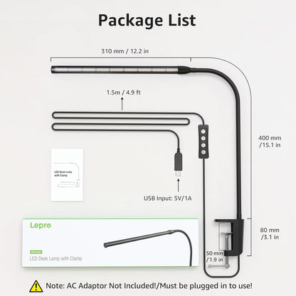 Lepro Clip on Desk Lamp LED Reading light Dimmable USB Small Clamp Lamp with 3 Color Modes 10 Brightness, Adjustable Flexible Gooseneck Table Light for Bed Headboard, Nail, Home Office,Computer(Black)