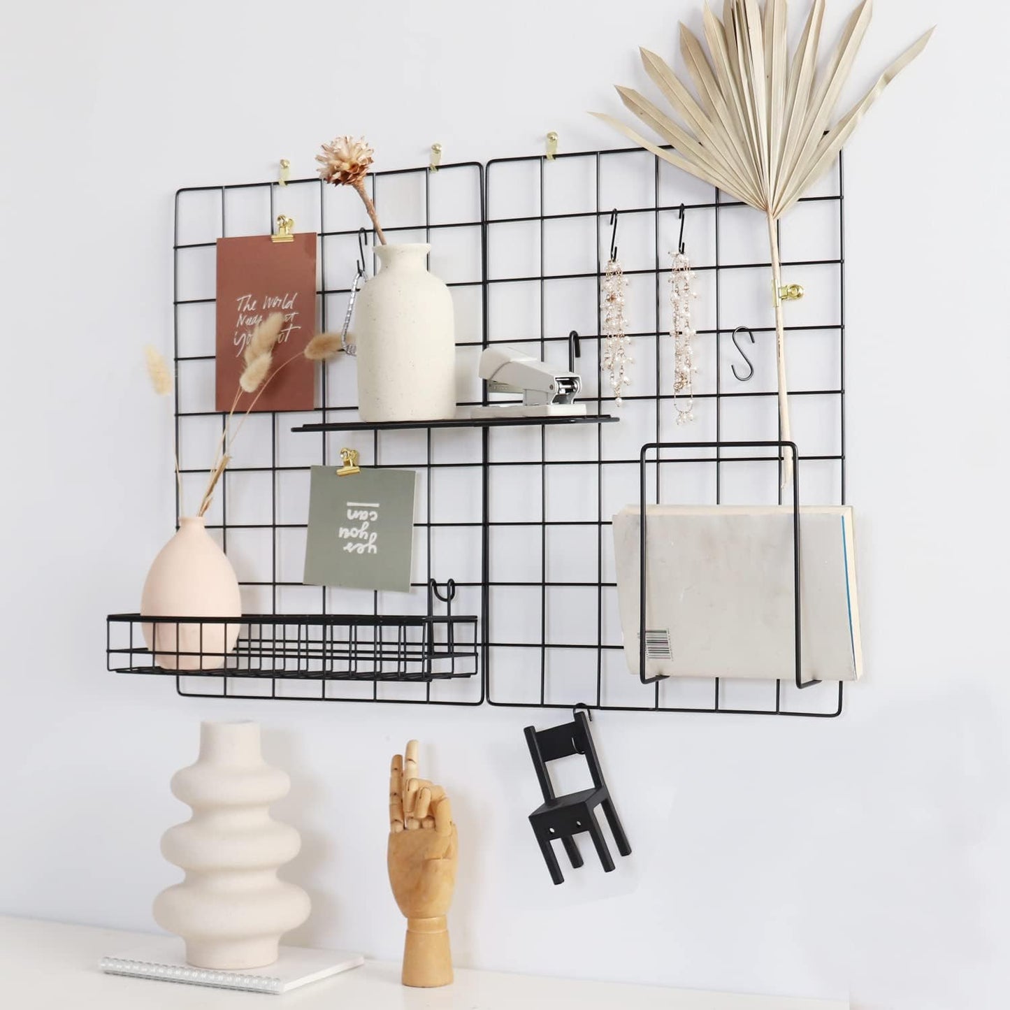 Wall Grid Panel for Photo Display,Wall Storage Organizer,5 Metal Clips & 3 S Hooks & 4 Nails & 4 Plastic Hanging Buckles and 4 Screws Offered,Size 17.5" x 11.8",2 Pack(Gold)