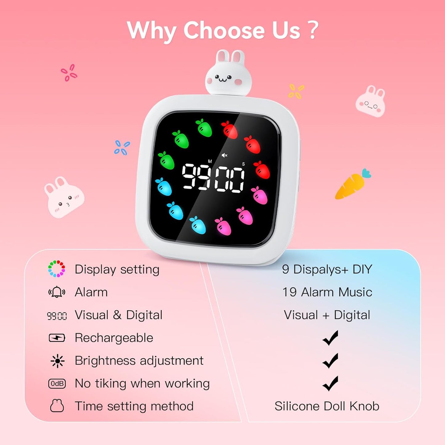 Yunbaoit Digital Visual Timer for Kids, Rechargeable 99-Minute Silent Countdown Timer with 19 Ringtones, 9 Optional DIY Color Star Display, Time Management Tool with Pause Function (Rainbow)