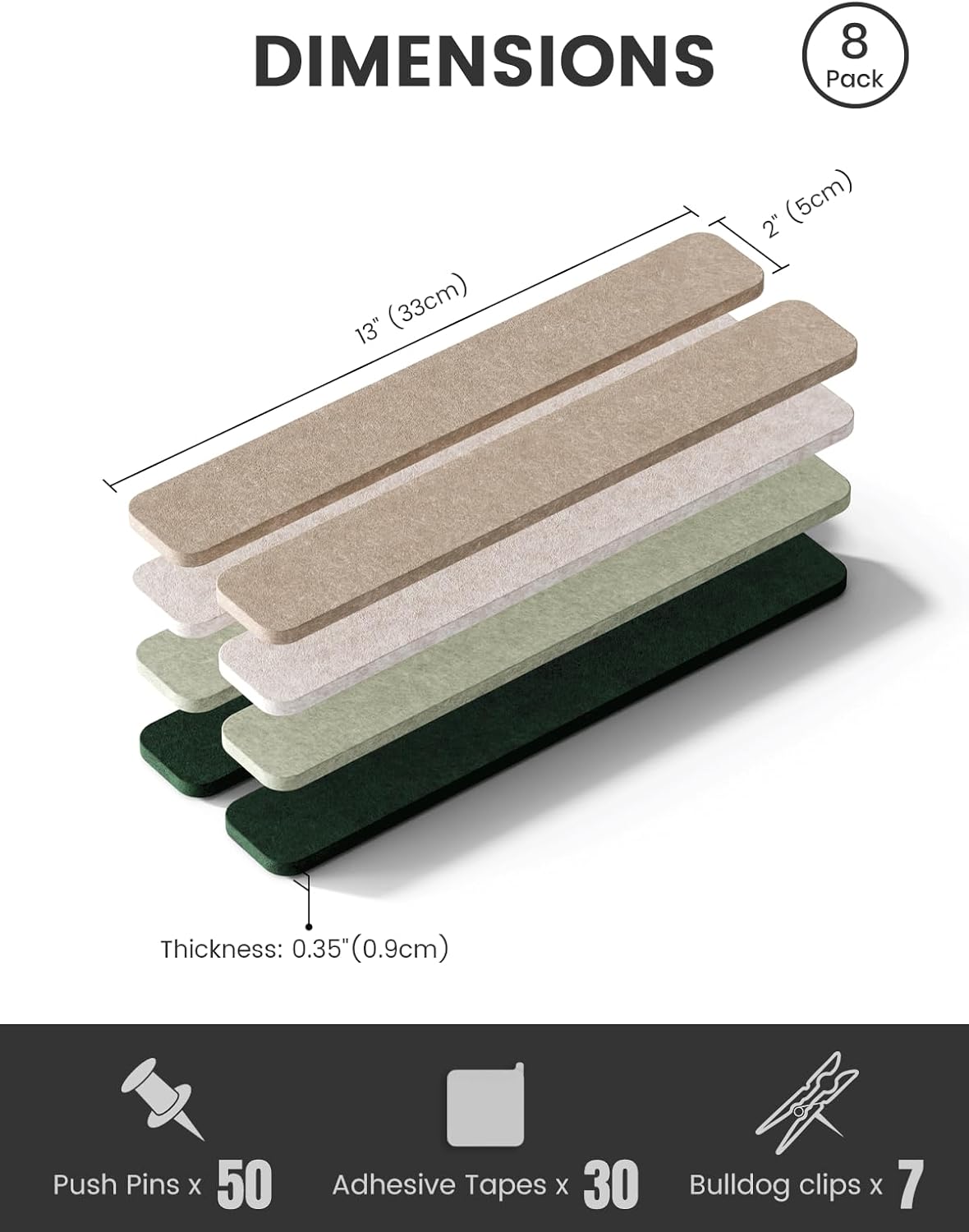 Fluxynara Cork Board Alternative Felt Strip Board 8-Pack 13"x2", Office Pin Board with 50 Push Pins, Adhesive Install for Bedroom Door & Home Office(Linen Dusk)