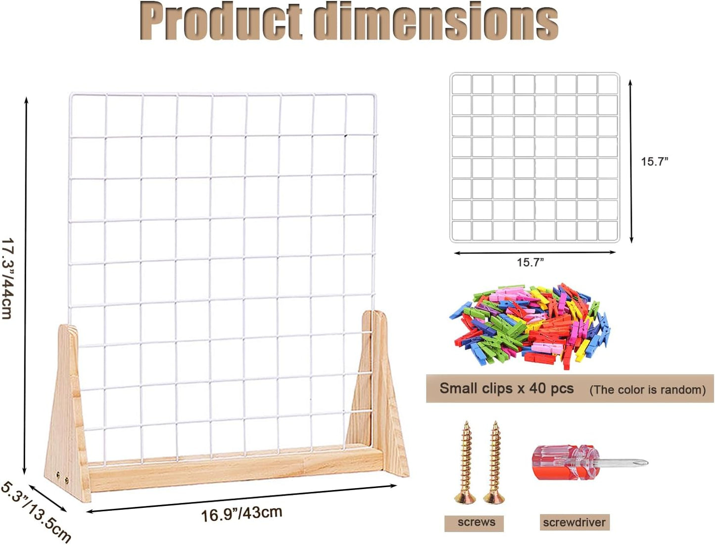 15.7”X15.7” Grid Wall Countertop Display Stand Metal Grid Wall Stand with Mini T-Base Portable Tabletop Display Unit with 20 Small Clips for Shows Retail Crafts Artistic Drawings Photos