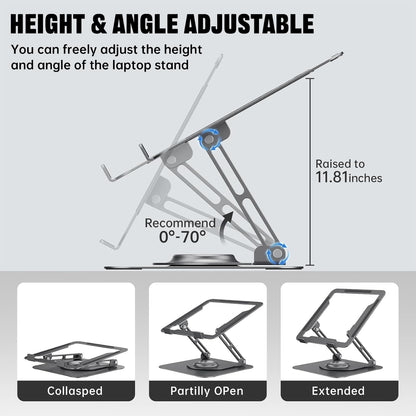 JOYEKY Laptop Stand for Desk, Adjustable Computer Stand with 360° Rotating Base, Ergonomic Laptop Riser for Collaborative Work, Foldable & Portable Laptop Stand, fits for All 10-16" Laptops